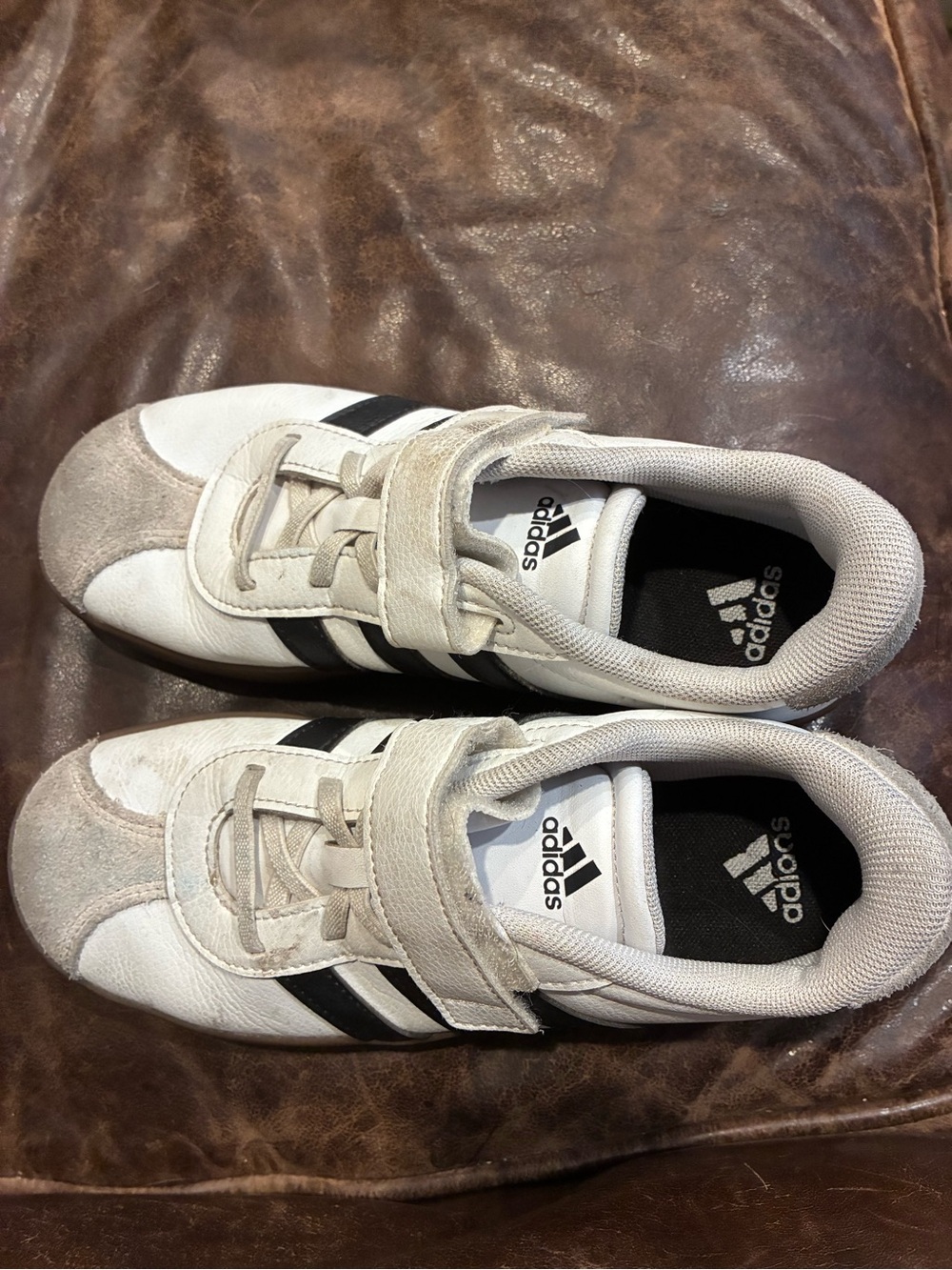 adidas White Sneakers with Black Stripes and Gum Sole